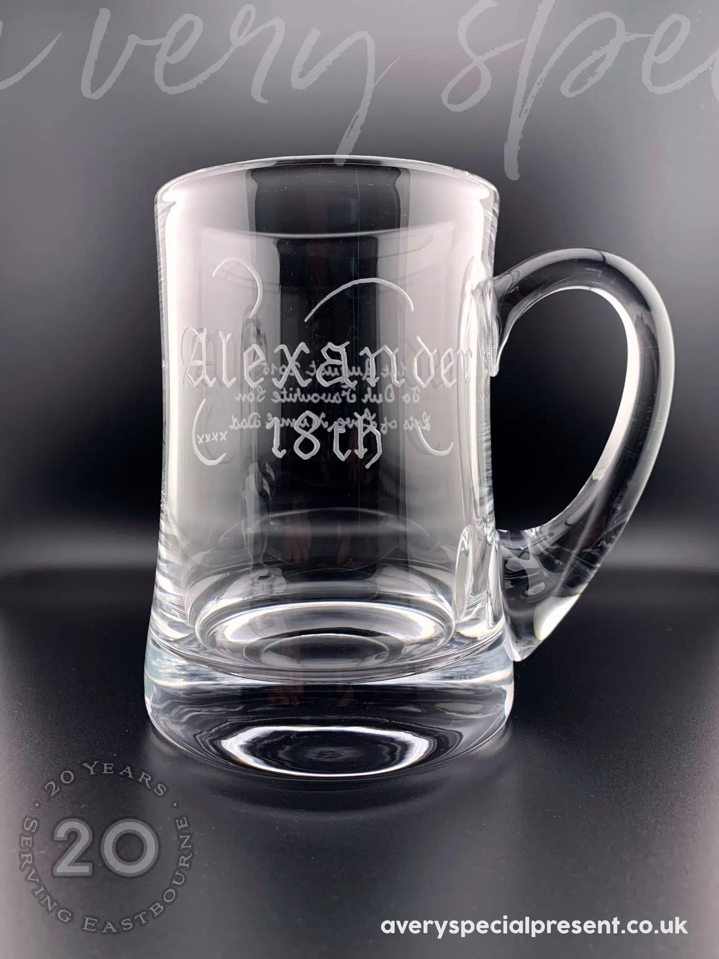 Hand Made Aleman Tankard with Alexander, 18th hand engraved in Old English, plus engraving on the reverse.