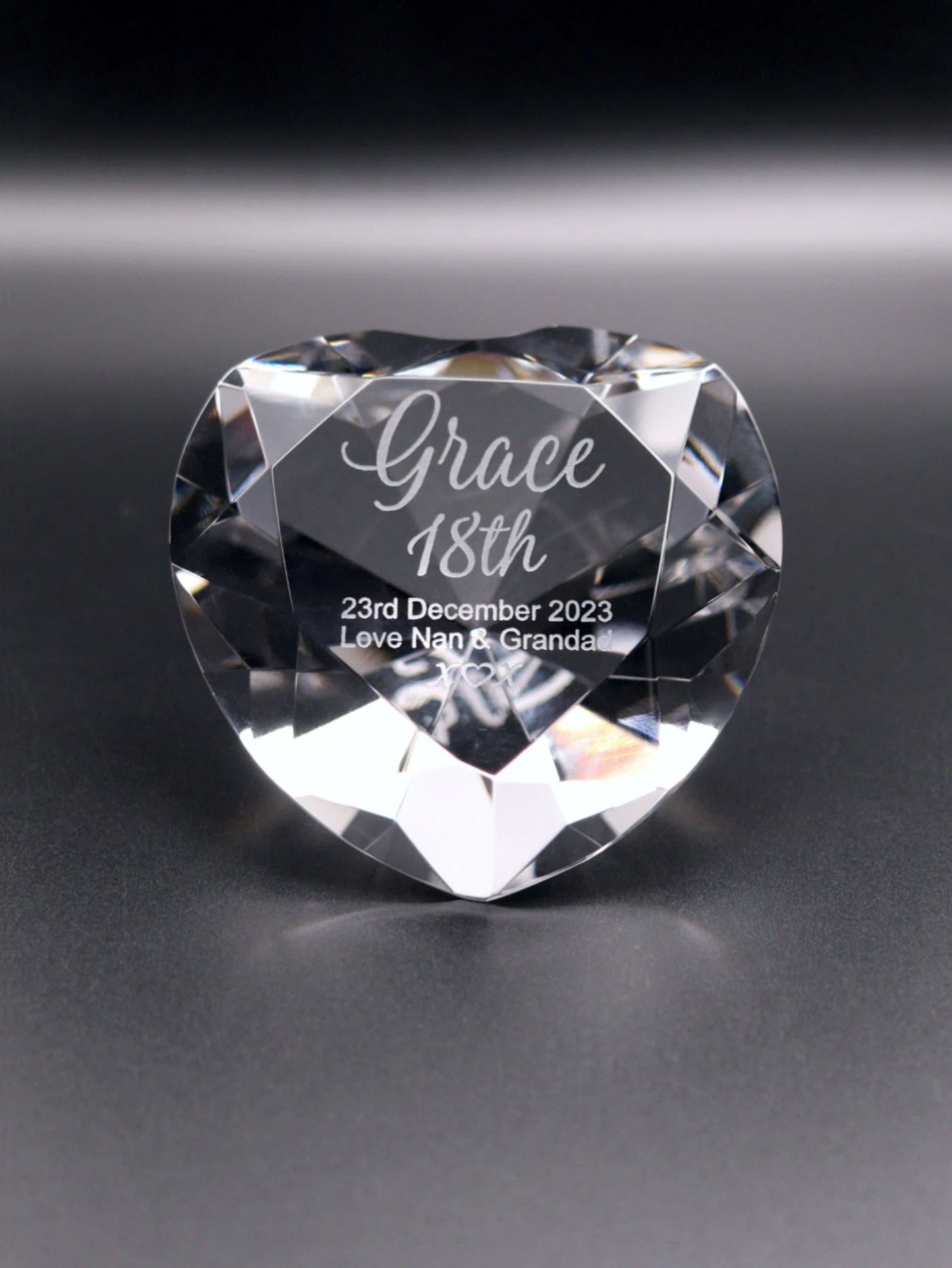 Optical Crystal Heart shaped Diamond engraved with Grace, 18th, date, Love Nan & Grandad, with a kiss heart kiss.