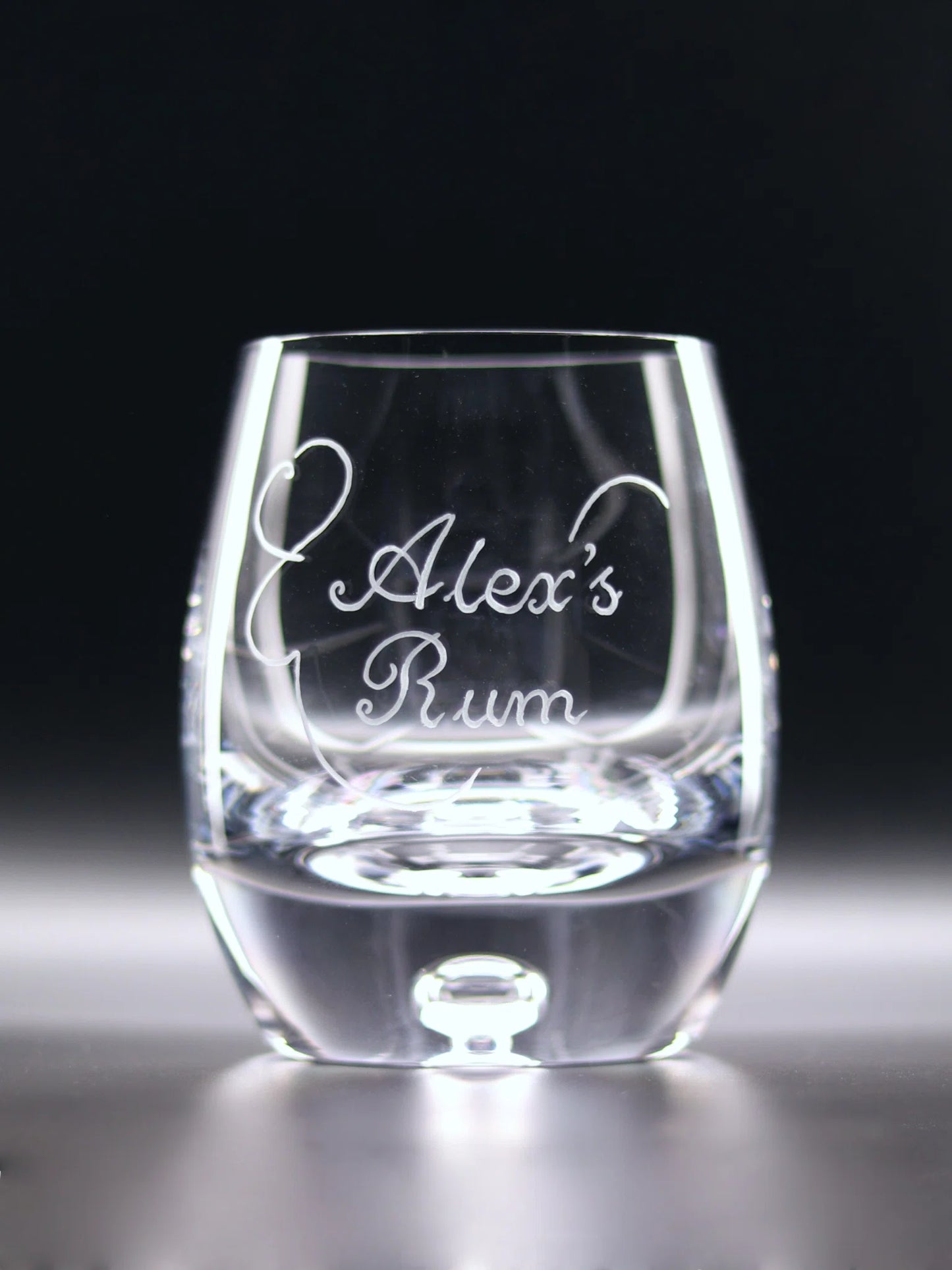 Bubble base whisky glass with elegant engraving. Name, Number/Feature Word hand engraved including decorative scroll.