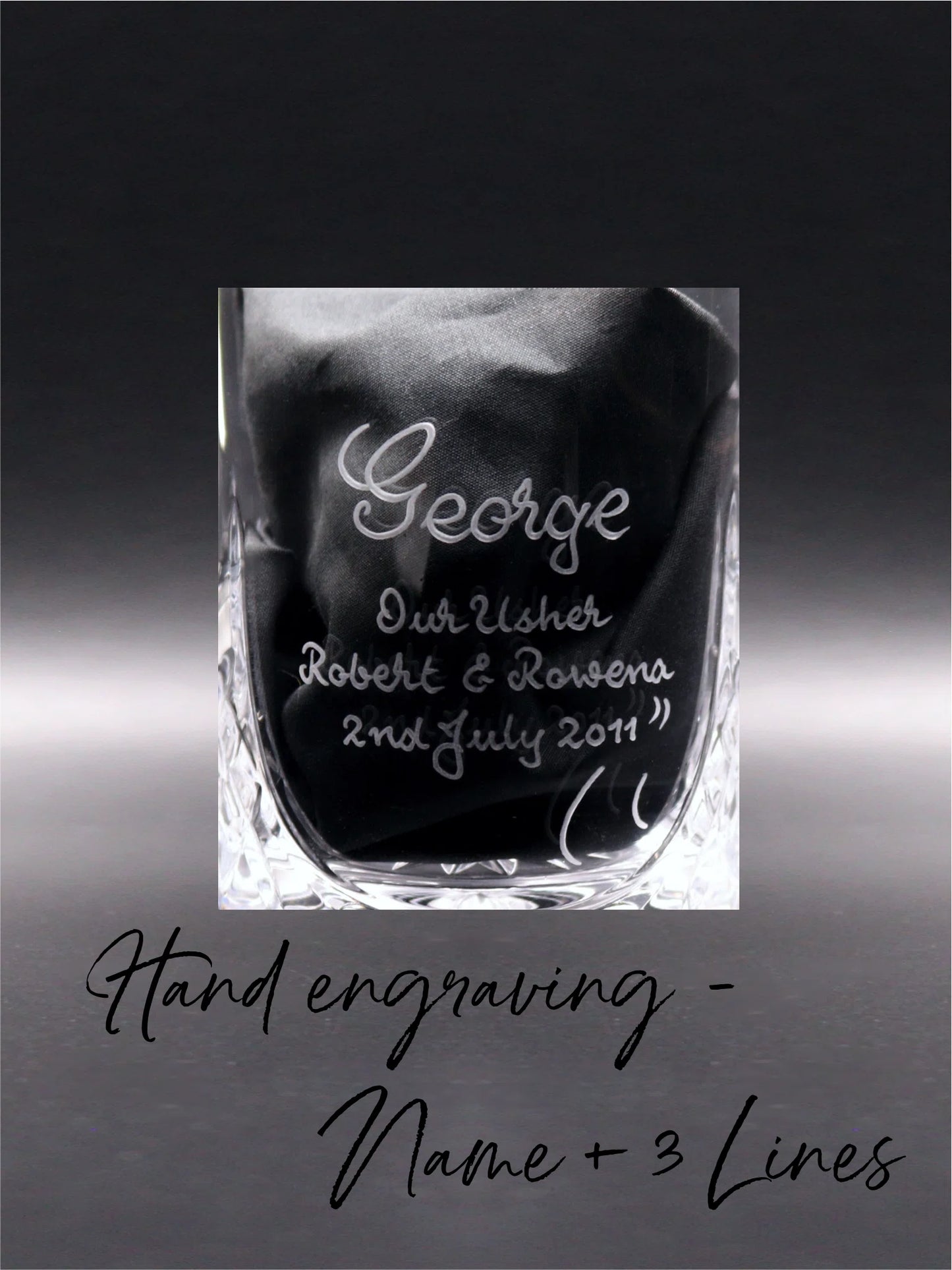 This crystal glass showcases hand-engraved personalization, with "George" in a sweeping, cursive font, followed by "Our Usher," and beneath, "Robert & Rowena, 2nd July 2011," all elegantly scripted. The final flourish is a stylish swish below the text, adding a custom touch to the diamond-patterned lower half of the glass. It's a timeless keepsake, celebrating a special role in a momentous occasion.
