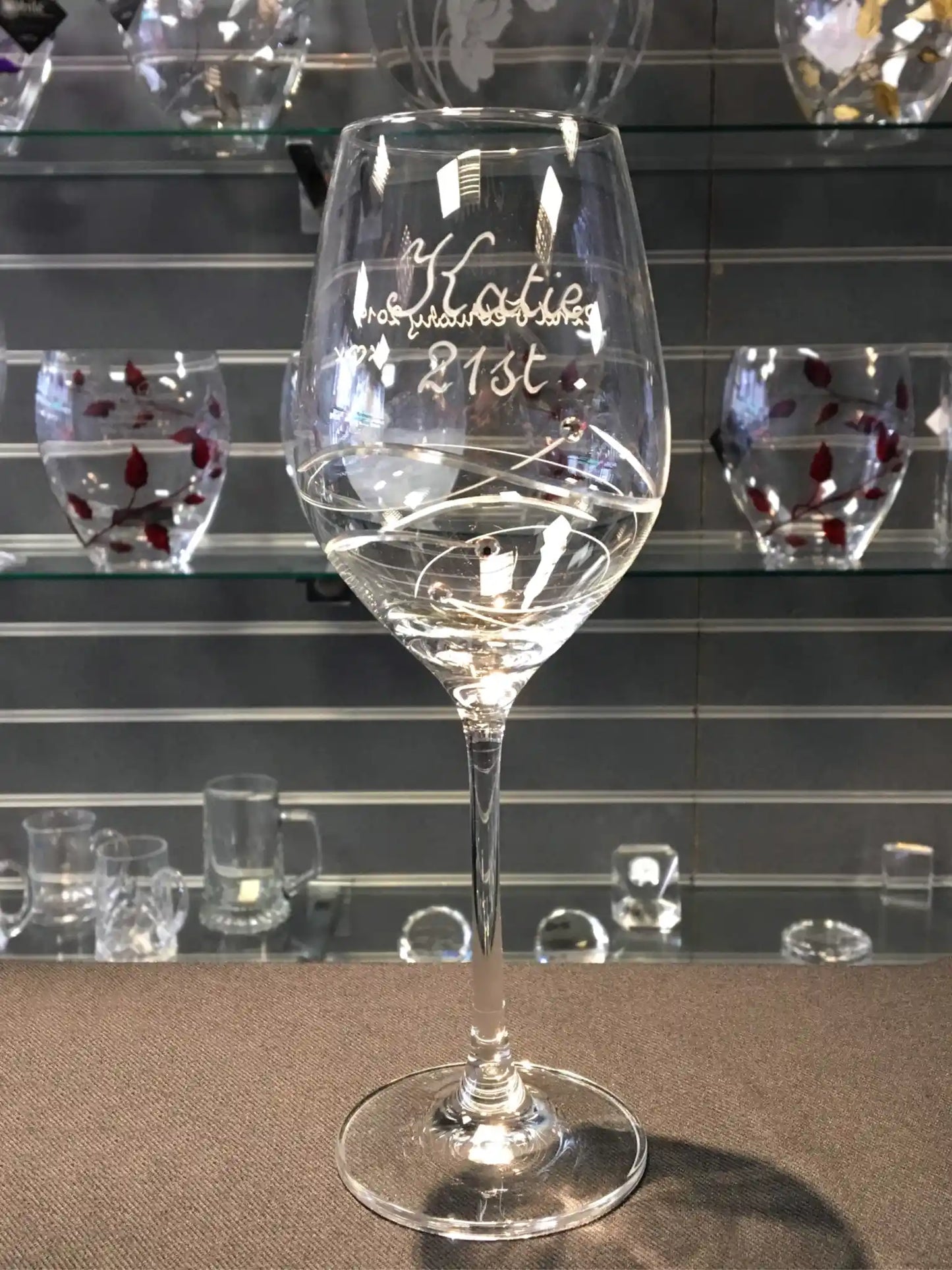 Single Diamante Wine Glass with Swirl Cut Pattern and Swarovski Crystal Engraved for a 21st Birthday Present