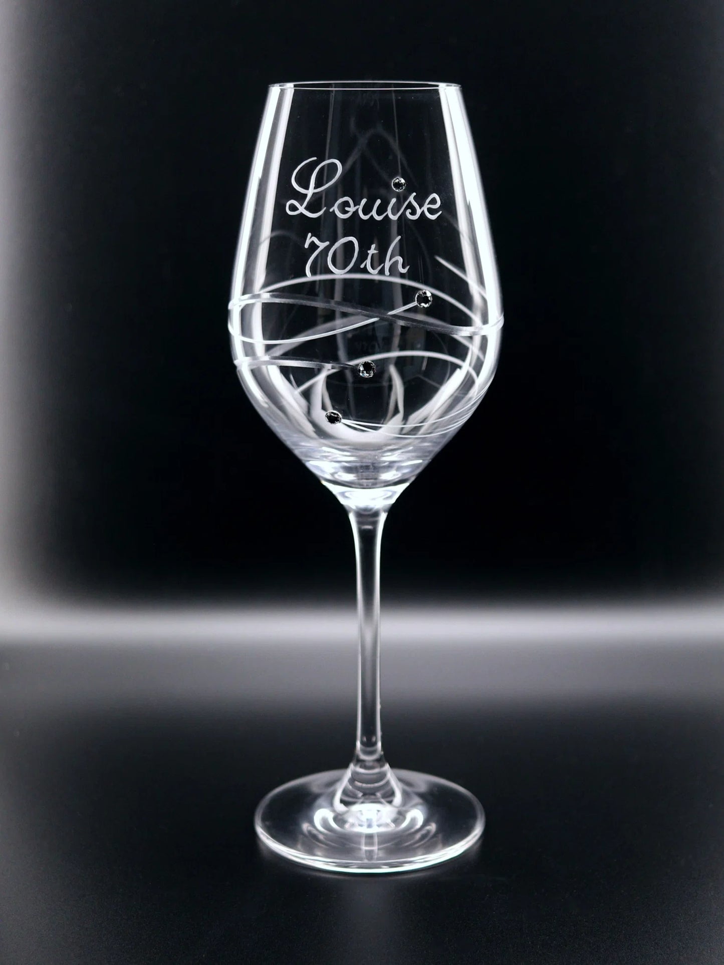 Diamante Swirl Cut Wine Glass Engraved with a Large Name and 70th