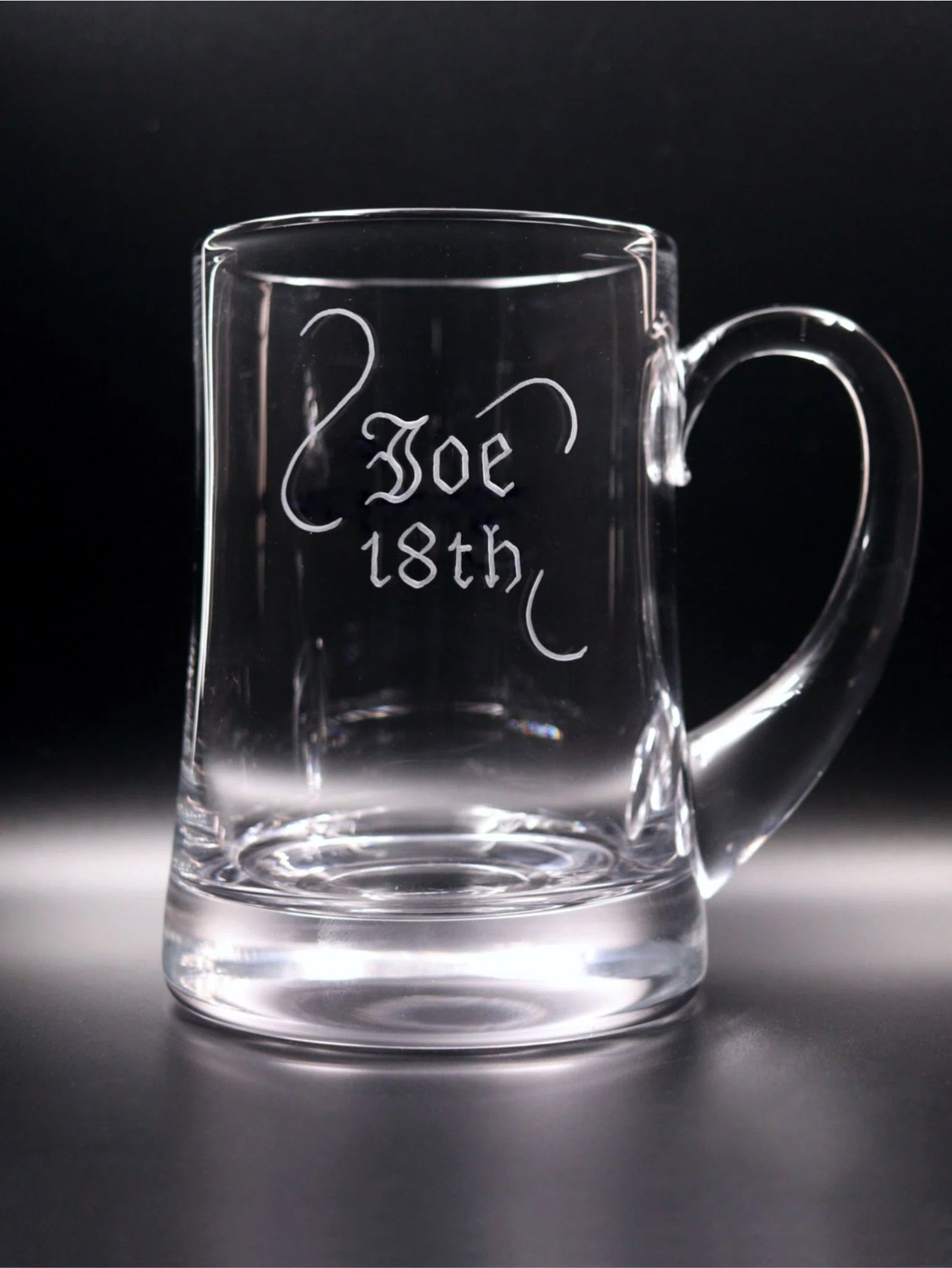 Handmade Aleman Tankard Hand Engraved with Joe, 18th in Old English with a decorative scroll.