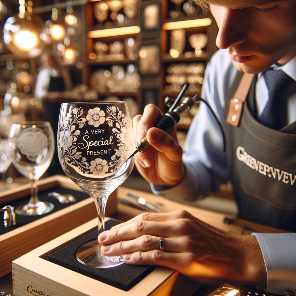 A sophisticated glass engraving studio with a close-up view of a glass item being hand-engraved by a craftsman. The glass features a beautiful, intric design.