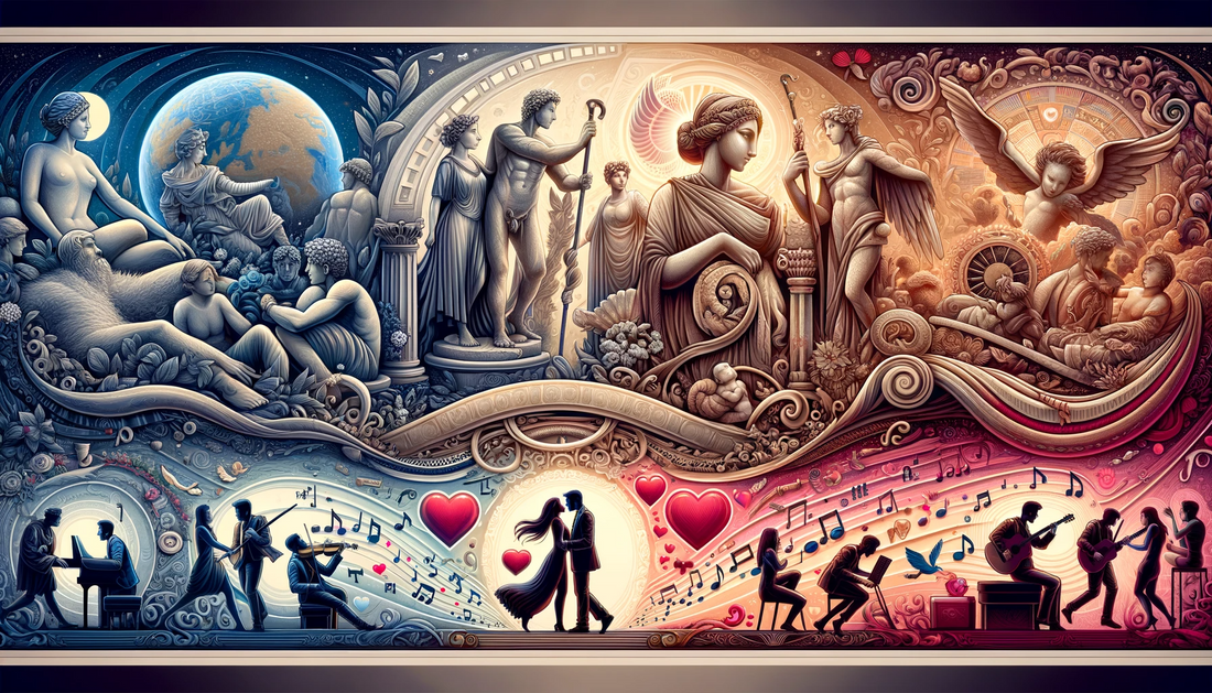 Banner depicting love's evolution with classical statues, a silhouetted couple, and heart, music, and book motifs in mixed art styles.