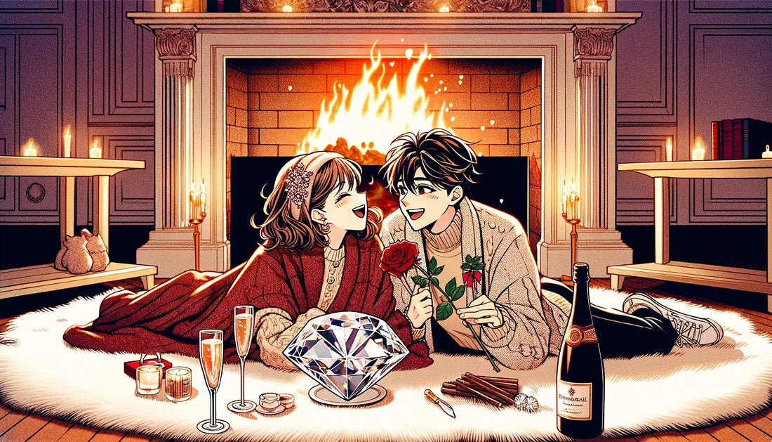 Manga-style image: a couple shares laughter on a rug by a fireplace, exchanging a rose and a crystal diamond, with champagne nearby.