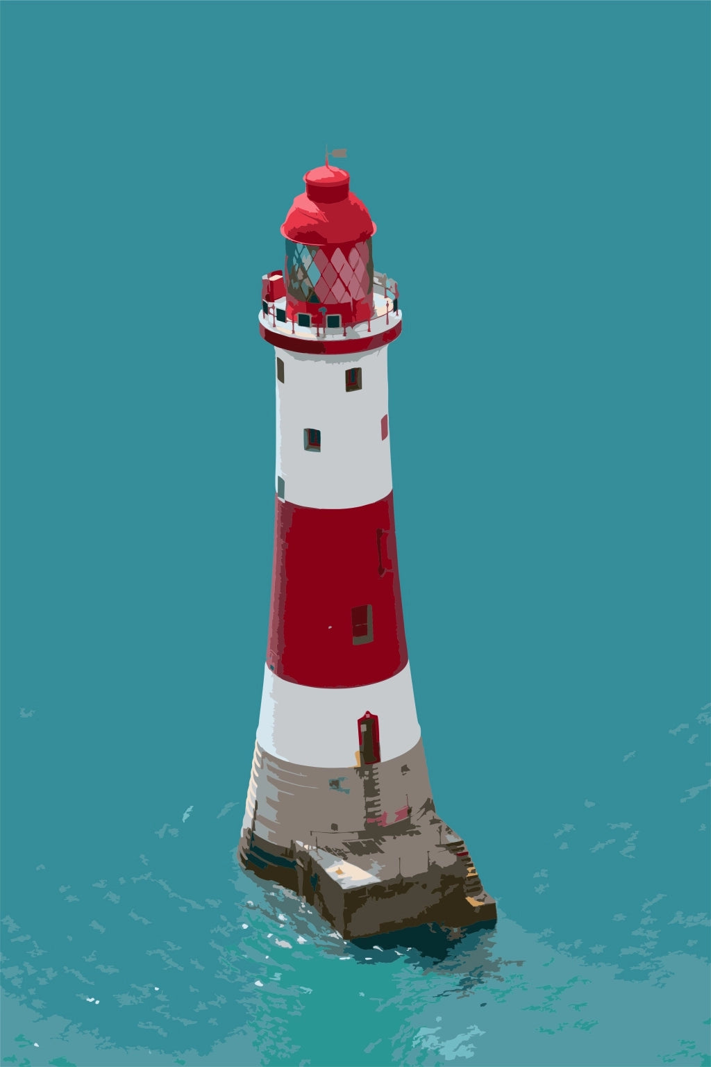 Beachy Head Lighthouse, with its iconic red and white striped tower, rises from a rocky islet against a backdrop of tranquil turquoise waters. The lighthouse's vivid red cap contrasts sharply with the soft blues of the sea, creating a striking image of maritime guidance and safety.