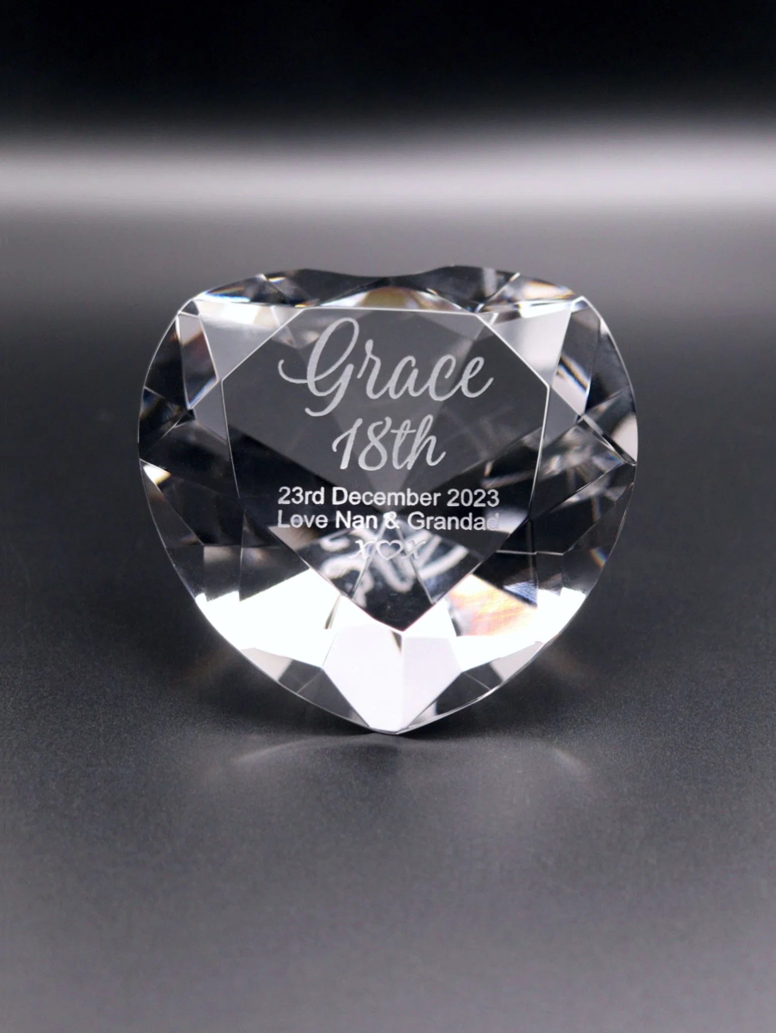 Optical Crystal Heart shaped Diamond engraved with Grace, 18th,  date, Love Nan & Grandad, with a kiss heart kiss.