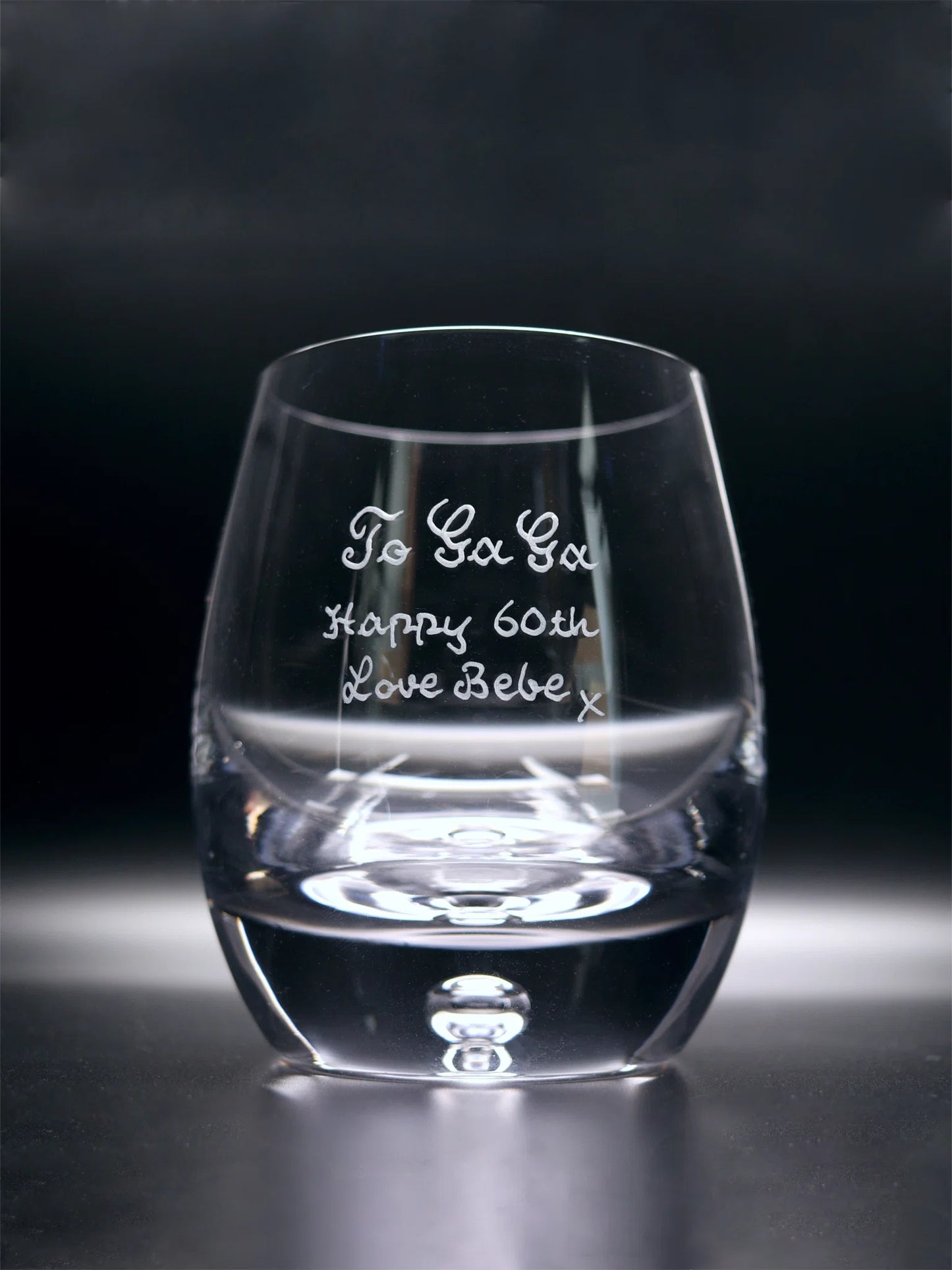 Bubble base whisky glass with elegant engraving. Upgrade Name Line, 2 Lines of hand engraving including decorative scroll. 