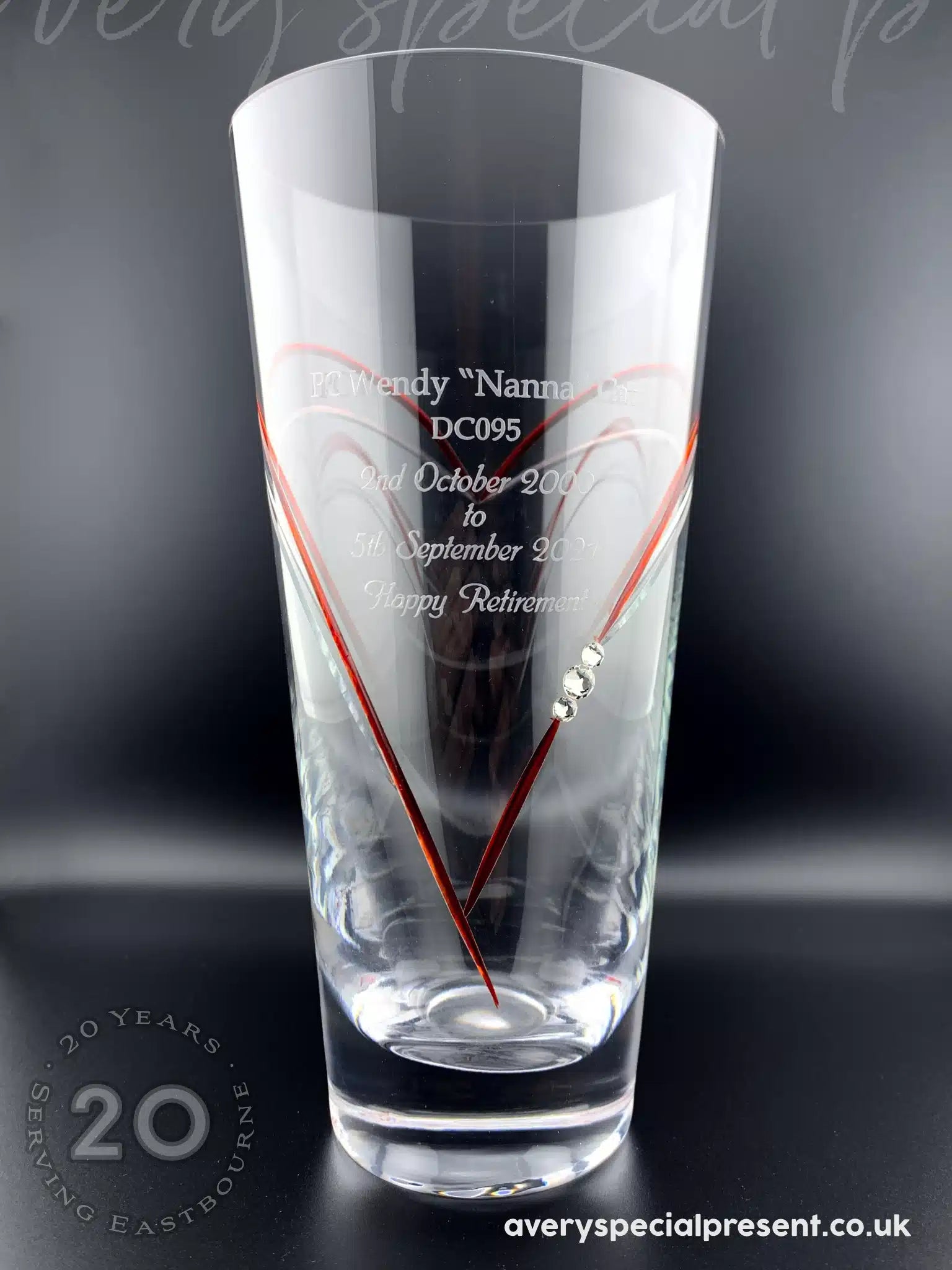 Heart Vase with Swarovski crystals inlaid Red with Sandblasted text 