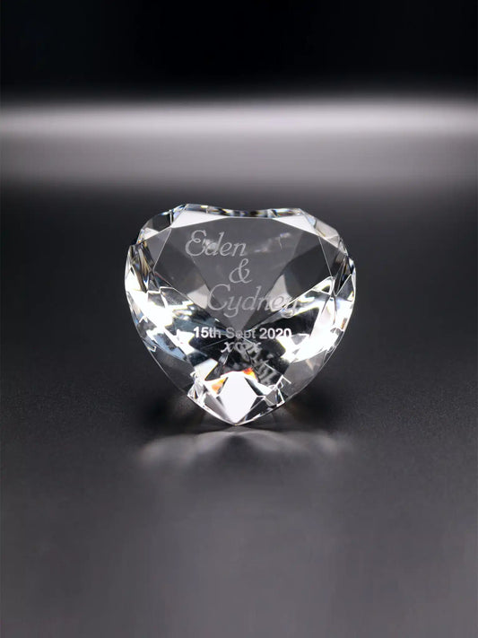 WhiteFire Heart Optical Crystal Engraved for a Wedding Anniversary Engagement present, with 2 name a date and a kiss heart kiss