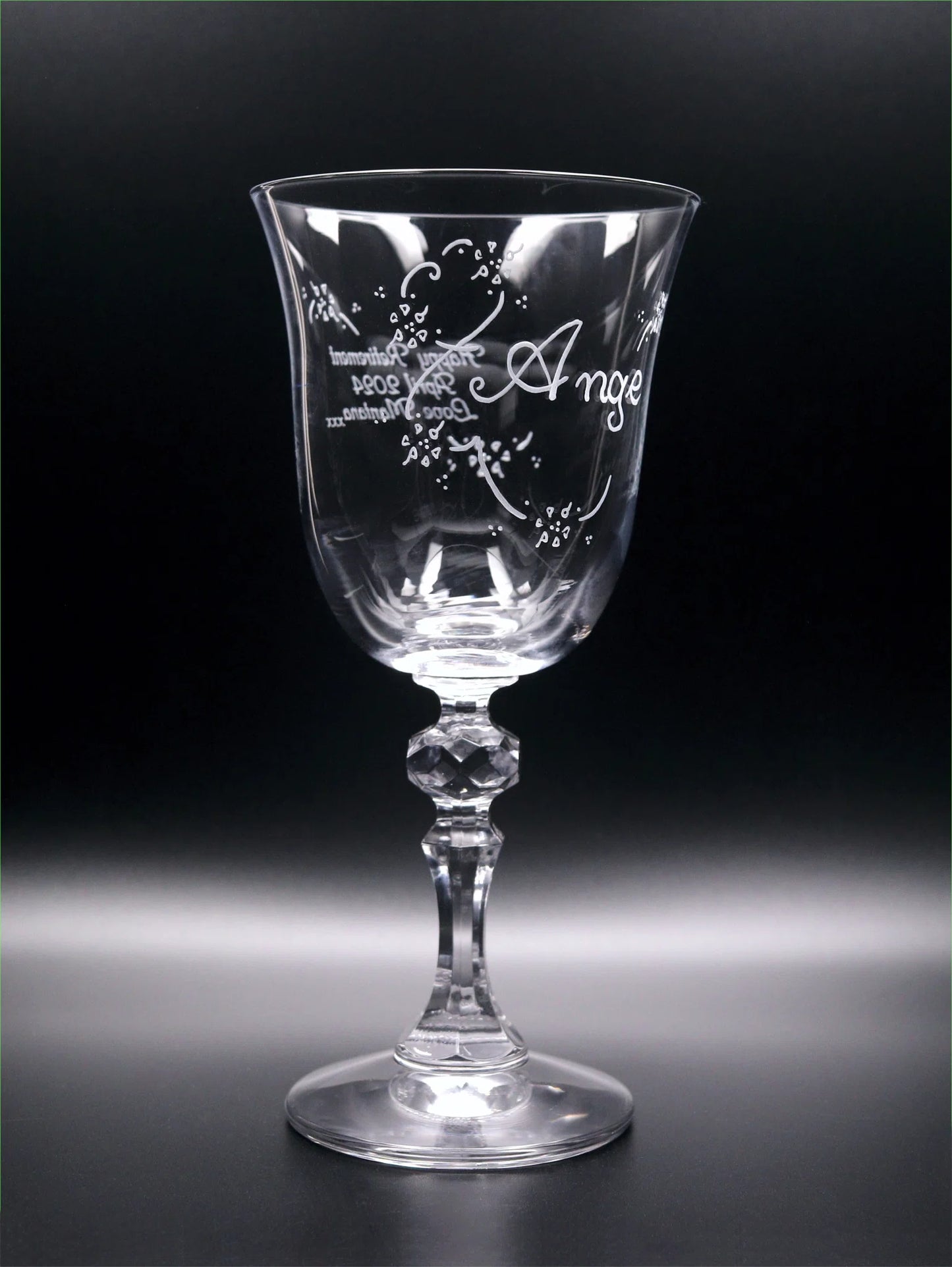 Jasmine Glass, Name Hand Engraved with Name and Sandblasted Engraving on the reverse.